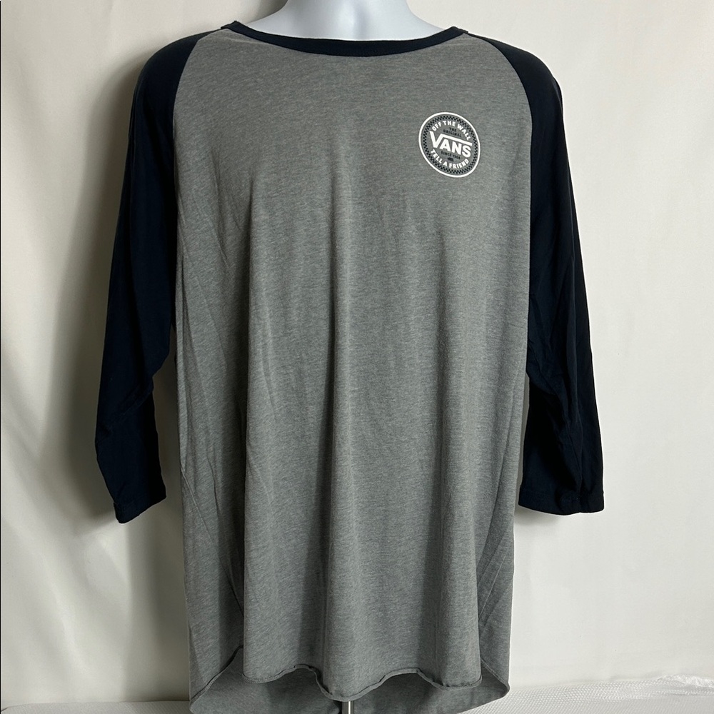 Vans Men’s Size XXL Gray Navy Baseball Style T-shirt Logo Graphic Front & Back